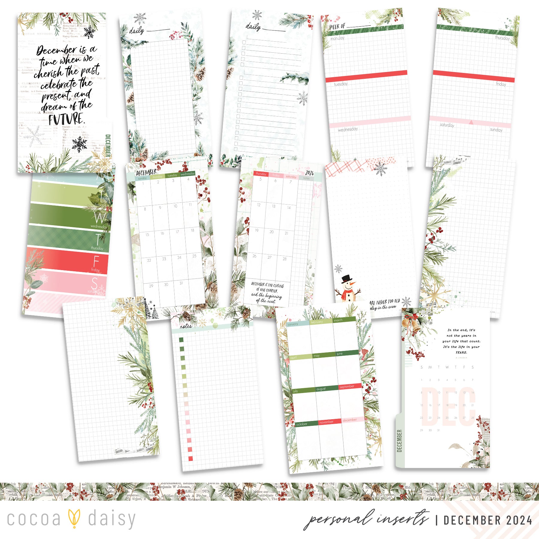 Cedar & Snow Inserts or notebook Only - Choose your size - December 2024