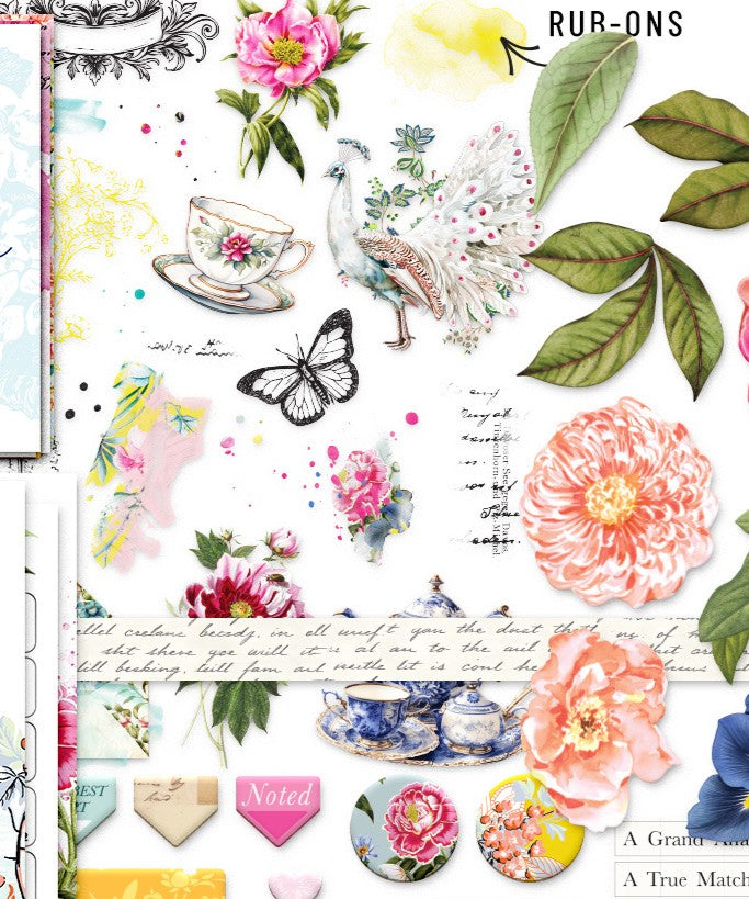 Penelope "Peacock & Teapot" Rub-On Transfers from the Scrapbook Kit  - February 2025